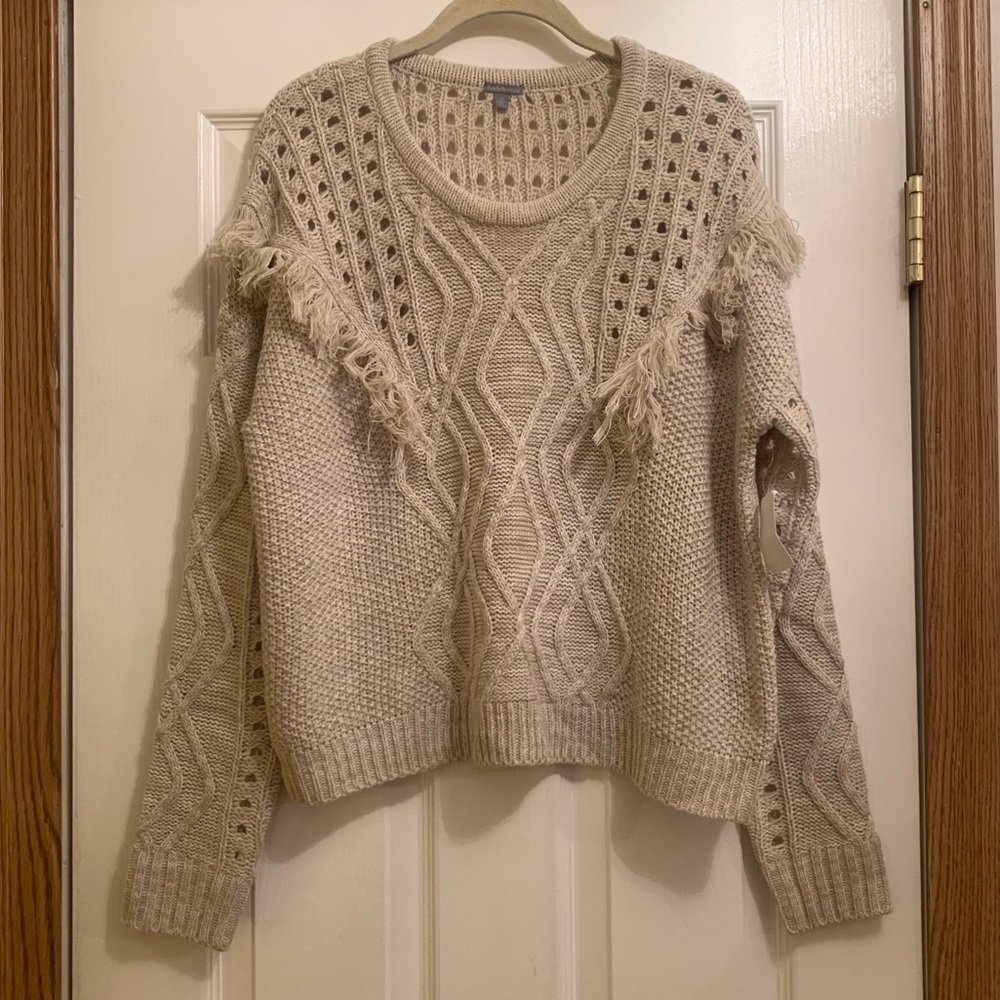 NWT Charlotte Russe fringe beige long sleeve crewneck pullover sweater